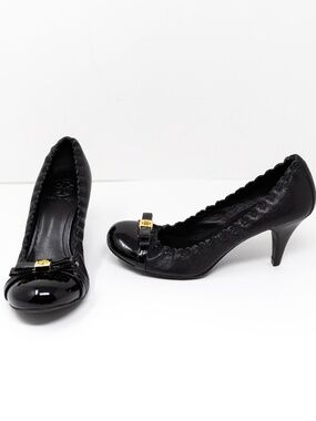 Tory Burch Romy Genuine Leather Ruched Logo Bow High Heels Shoes Black 6